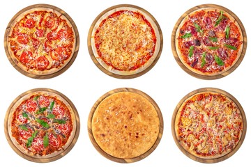 Set of pizzas top view isolated on white background. 