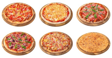 Fototapeta na wymiar Set of pizzas isolated on white background. 