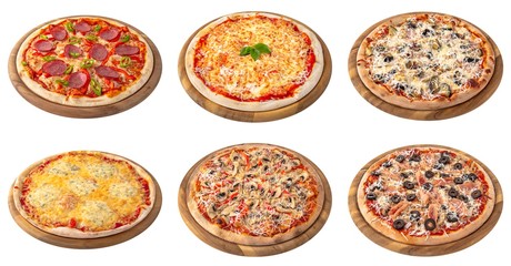 Set of pizzas isolated on white background. 