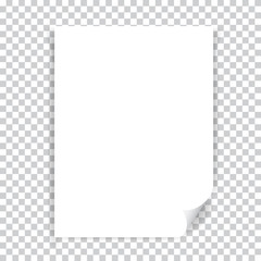 White realistic sheet of paper on a transparent background. Vector illustration .