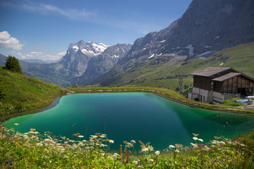 Small alpine lake among mountains in Switzerland
