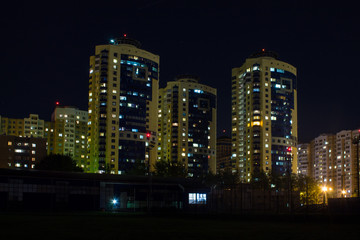 View of the modern district of Moscow Russia with modern buildings and light in the Windows late at night