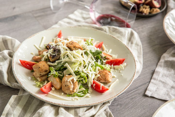 Food Table Celebration Delicious Party Meal Concept. A lot of food on the wooden table: meat, vegetables, desserts, garnishes.  Foodset from Georgian dishes. Caucasian food