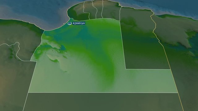 Al Wahat - district of Libya with its capital zoomed on the physical map of the globe. Animation 3D