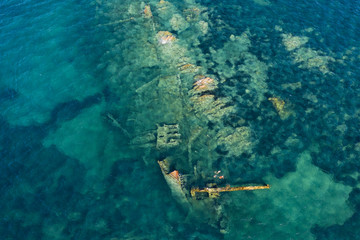 View from above, stunning aerial view of a wreck inside the Marine Protected Area of Tavolara. Some...