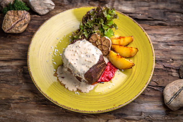 Neck steak, tenderloin or filet mignon pork or beef. Juicy tasty piece of meat. Delicious juicy...
