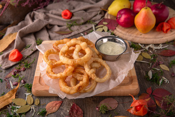 Crunchy Deep fried squid ring in batter with a delicious sauce. Beautiful stylish menu. Autumn...