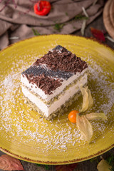 Dessert: cheesecake, donuts, pie, strudel, tiramisso, cake. Portion, a piece.