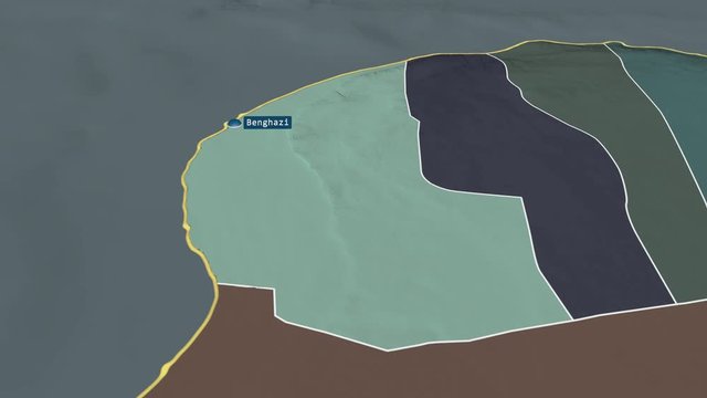 Benghazi - district of Libya with its capital zoomed on the administrative map of the globe. Animation 3D