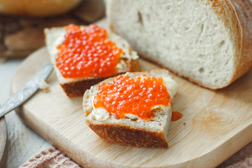 Far Eastern delicacy. Sandwich with caviar of red fish