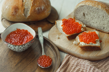 Far Eastern delicacy. Sandwich with caviar of red fish