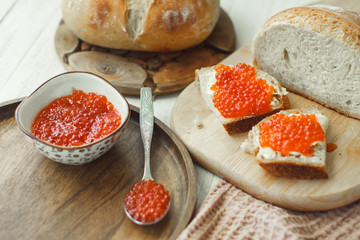 Far Eastern delicacy. Sandwich with caviar of red fish