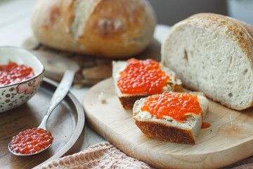 Far Eastern delicacy. Sandwich with caviar of red fish