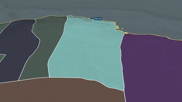 Darnah - district of Libya with its capital zoomed on the administrative map of the globe. Animation 3D