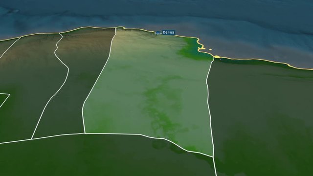 Darnah - district of Libya with its capital zoomed on the physical map of the globe. Animation 3D