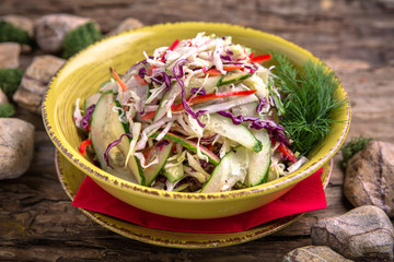 Vegetarian salad with fresh red cabbage. Beautiful stylish menu. Autumn still life. Free space for text