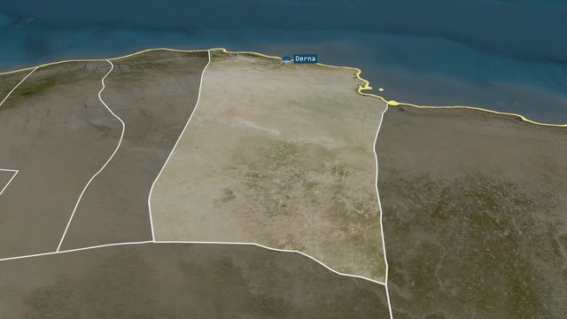 Darnah - district of Libya with its capital zoomed on the satellite map of the globe. Animation 3D