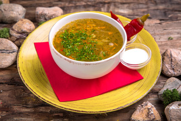 Chicken soup. Nutritious, aromatic, dietary with greens. First course. Soup. Liquid diet.