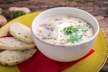 Cream  of chicken and white mushrooms . First course.  Liquid diet.