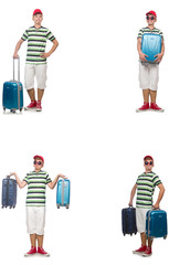Young man with suitcase isolated on white