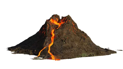 Fotobehang volcano eruption, lava coming down a mountain, isolated on white background © dottedyeti