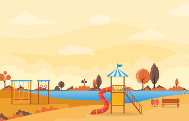 Obraz premium City Park in Fall Autumn with Kid Playground Playing Equipment Illustration