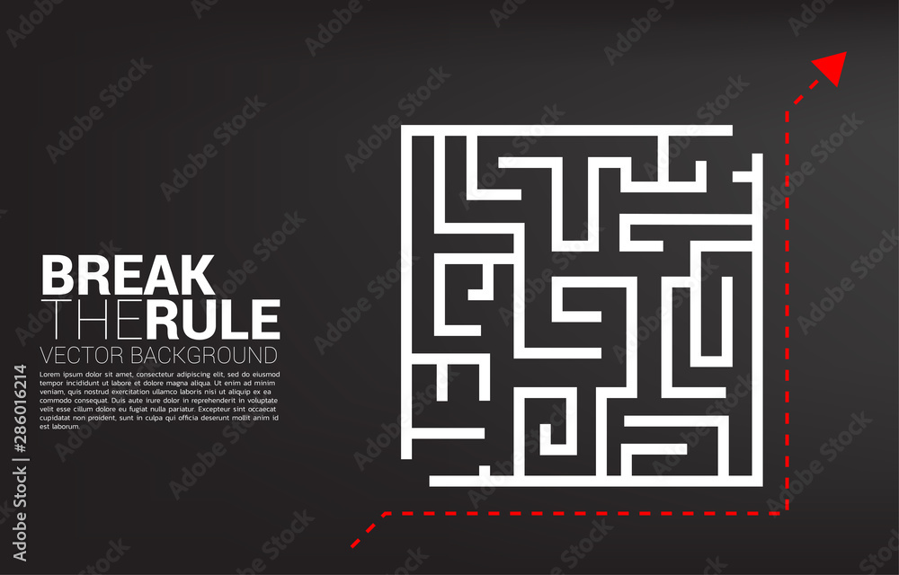 Poster Arrow with route path to go to goal with out enter maze. Business concept for think outside the box and break the rule.