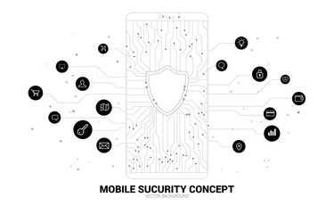 vector shield icon in mobile from dot and line circuit board style. background concept for mobile security and privacy access.