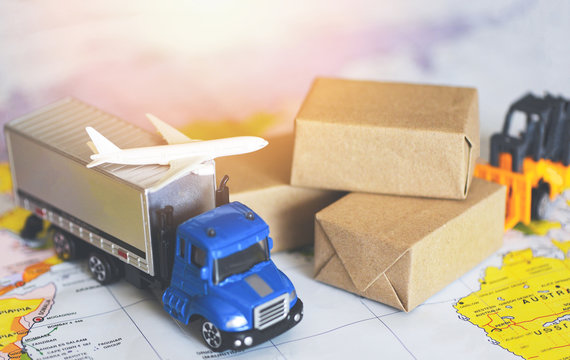 logistics transport import export shipping service Customers order things from via internet International shipping online Air courier Cargo plane boxes packaging freight forwarder to worldwid