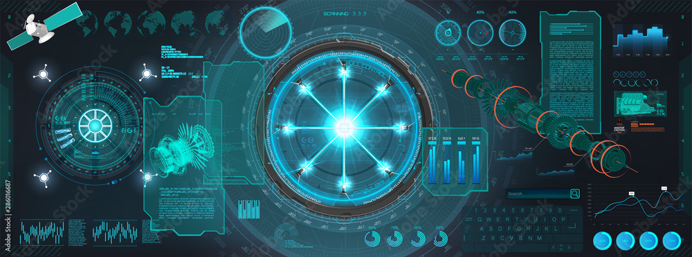 Poster Sky-fi interface elements for GUI, UI, UX design. Spacecraft control panel dashboard in HUD style ( infochart, Cockpit, Interface, Dashboard) Mechanical scheme HUD electric field. Vector illustration