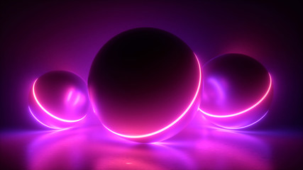 3d render, abstract pink neon background, glowing balls, ultraviolet light