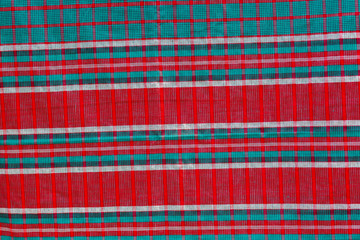 Red, blue and white strip cotton Gamcha(Bath towel) Fabrics Close-up.