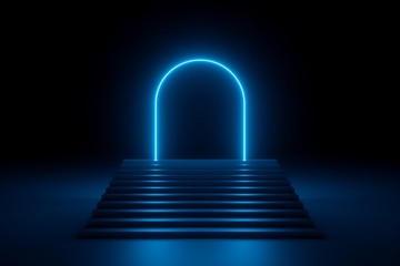 3d render, abstract neon background, glowing blue rounded arch, stairs, steps, performance stage...
