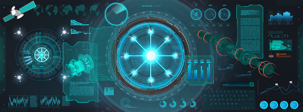 Sky-fi interface elements for GUI, UI, UX design. Spacecraft control panel dashboard in HUD style ( infochart, Cockpit, Interface, Dashboard) Mechanical scheme HUD electric field. Vector illustration
