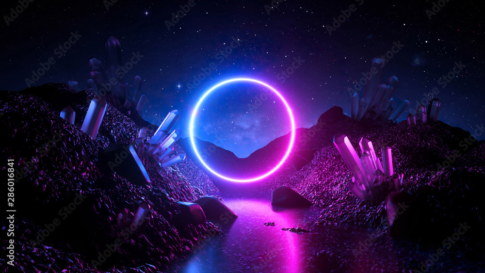 Wall mural 3d render, abstract neon background, mystical cosmic landscape, pink blue glowing ring over terrain,
