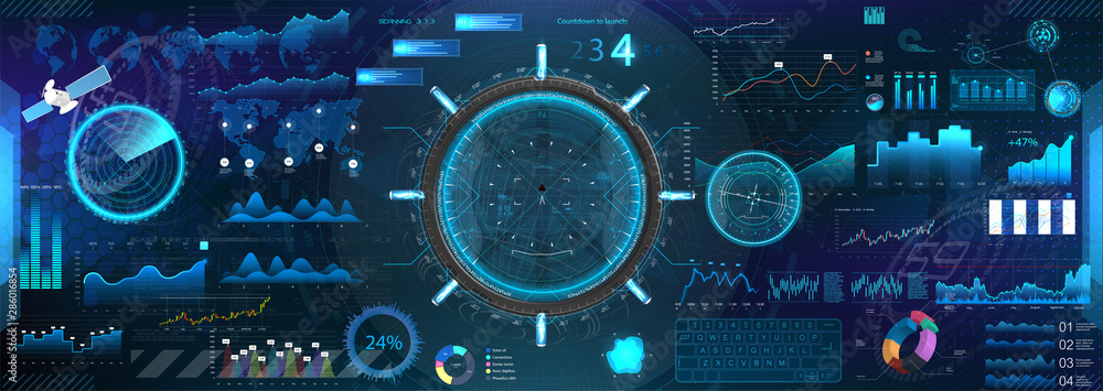 Poster Intelligent technology HUD, UI, UX vector design elements. Network management data screen with charts and diagrams. Futuristic Sci-Fi user Interface HUD with colored infographic digital illustration