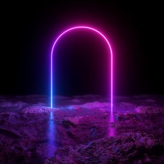3d render, abstract minimalist background, pink violet blue neon arch, mysterious terrain, strange landscape, line glowing in the dark, ultraviolet light, 80's retro style