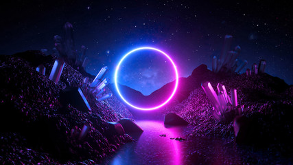 3d render, abstract neon background, mystical cosmic landscape, pink blue glowing ring over terrain, round frame, virtual reality, dark space, ultraviolet light, crystal mountains, rocks, ground - obrazy, fototapety, plakaty