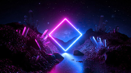 3d render, abstract neon background, mystical cosmic landscape, pink blue glowing ring over terrain, square frame, virtual reality, dark space, ultraviolet light, crystal mountains, rocks, ground