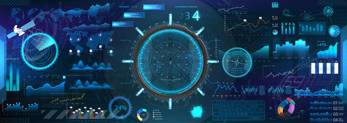 Intelligent technology HUD, UI, UX vector design elements. Network management data screen with charts and diagrams. Futuristic Sci-Fi user Interface HUD with colored infographic digital illustration