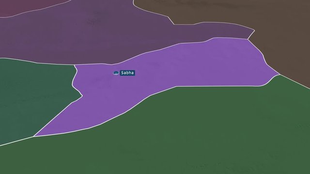 Sabha - district of Libya with its capital zoomed on the administrative map of the globe. Animation 3D