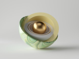 Obraz na płótnie Canvas 3d abstract minimal modern background, golden core ball hidden inside marble hemisphere shell, green yellow onyx or agate texture, isolated objects, stack of bowls, simple clean design, classy decor