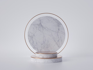 3d render of white marble round pedestal isolated on white background, gold frame, memorial board, cylinder steps, abstract minimal concept, blank space, clean design, luxury minimalist mockup