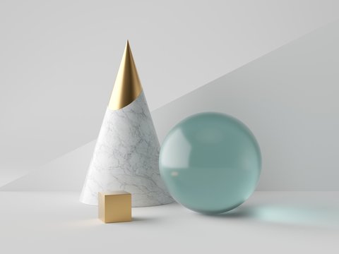 3d abstract simple geometric shapes on white background, marble cone, blue glass ball, aquamarine sphere, golden cube, minimalist objects, classy decor elements, modern clean design