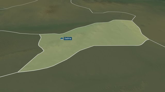 Sabha - district of Libya with its capital zoomed on the physical map of the globe. Animation 3D