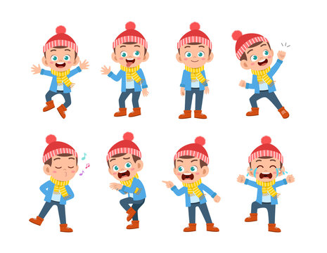 kid expressions wear autumn winter clothing vector