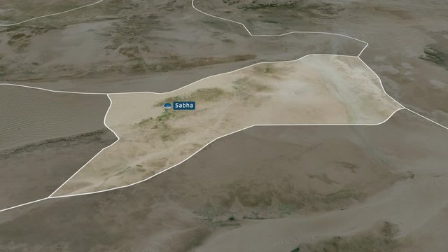 Sabha - district of Libya with its capital zoomed on the satellite map of the globe. Animation 3D