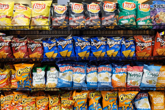 Las Vegas, US - NOV 18, 2018: Wide selection of potato chip or junk food on shelf display in a convenient store at Las Vegas, Nevada, United States