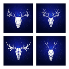 Vector set of four illustrations with hand drawn skulls deer and moose on blue abstract background.