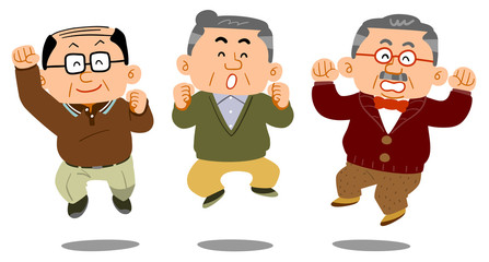 ジャンプする3人のシニアの男性